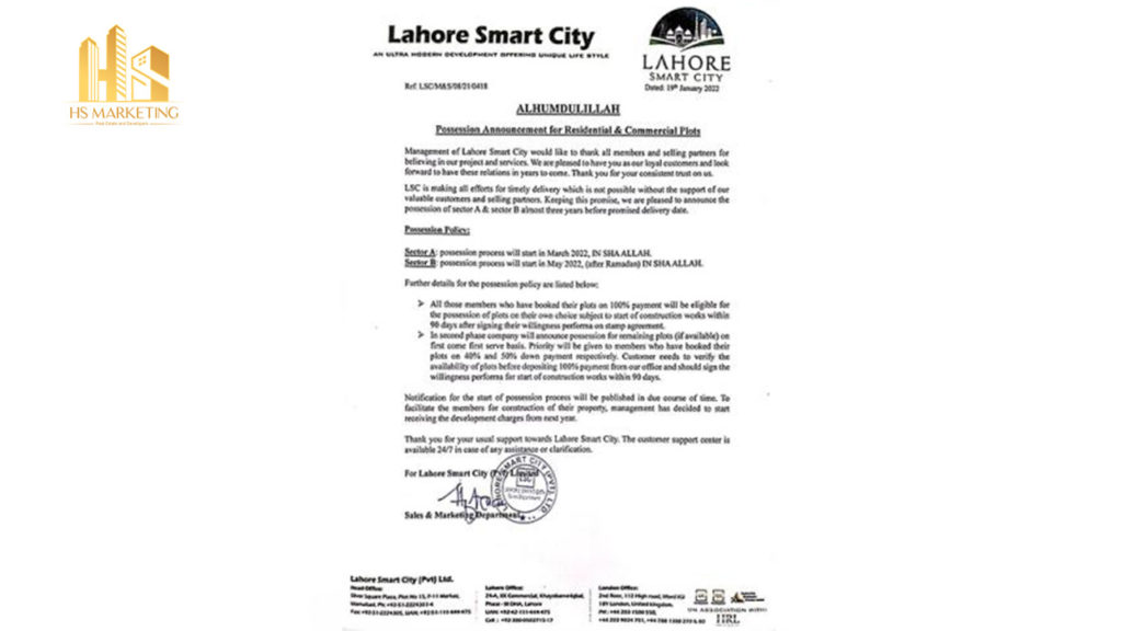 Possession Allotment for Lahore Smart City